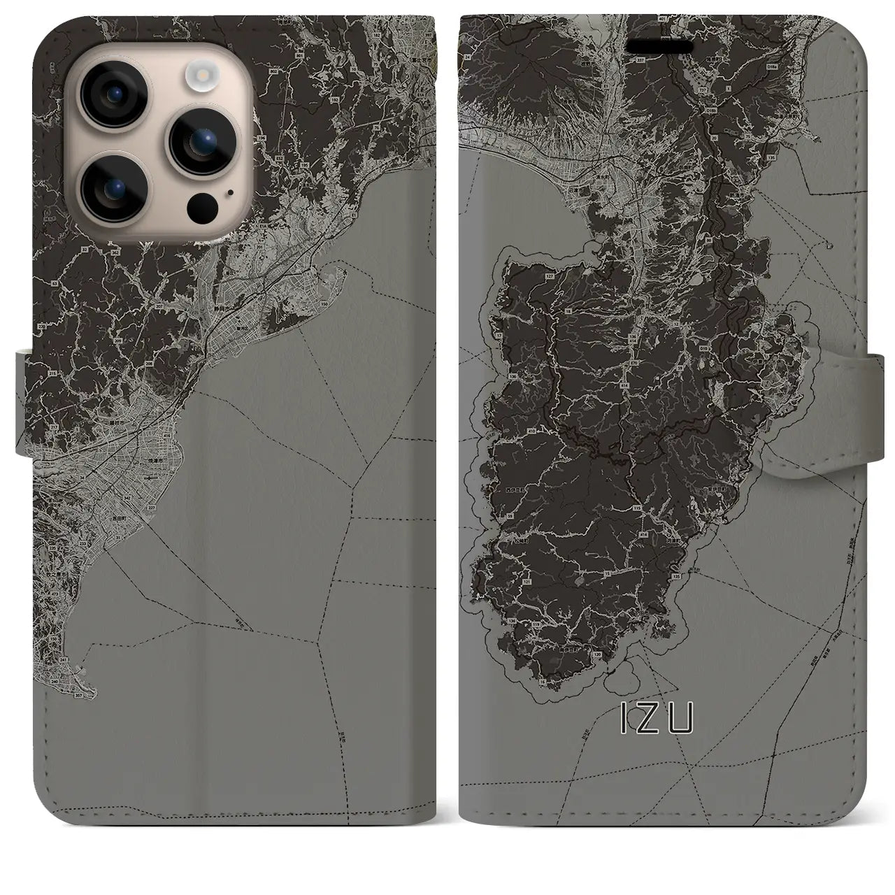 【伊豆2(静岡県)】地図柄iPhoneケース(手帳タイプ)モノトーン・iPhone 16 Plus 用