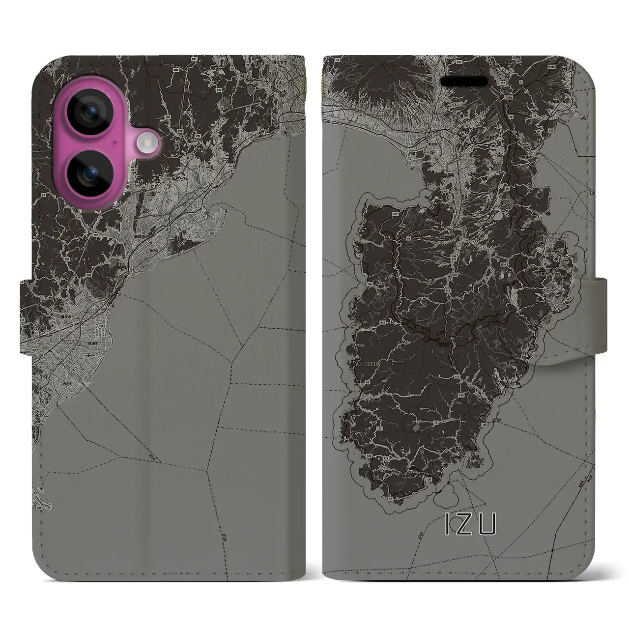 【伊豆2(静岡県)】地図柄iPhoneケース(手帳タイプ)モノトーン・iPhone 16 Pro 用