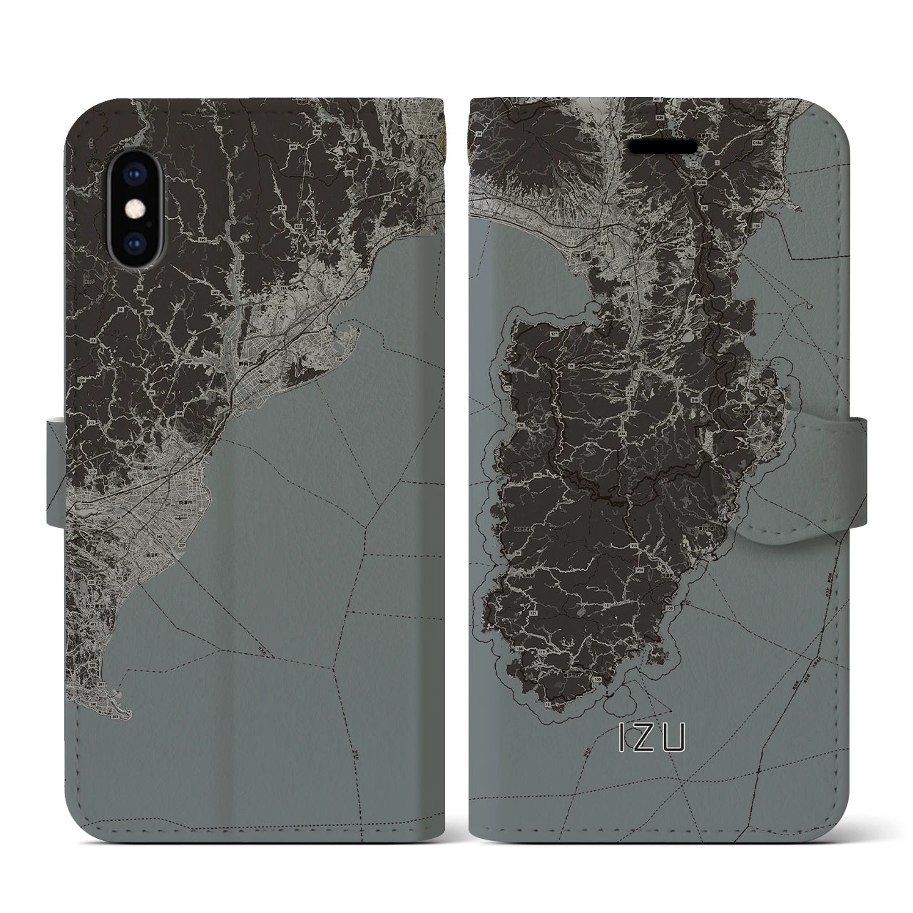 【伊豆2(静岡県)】地図柄iPhoneケース(手帳タイプ)モノトーン・iPhone XS / X 用