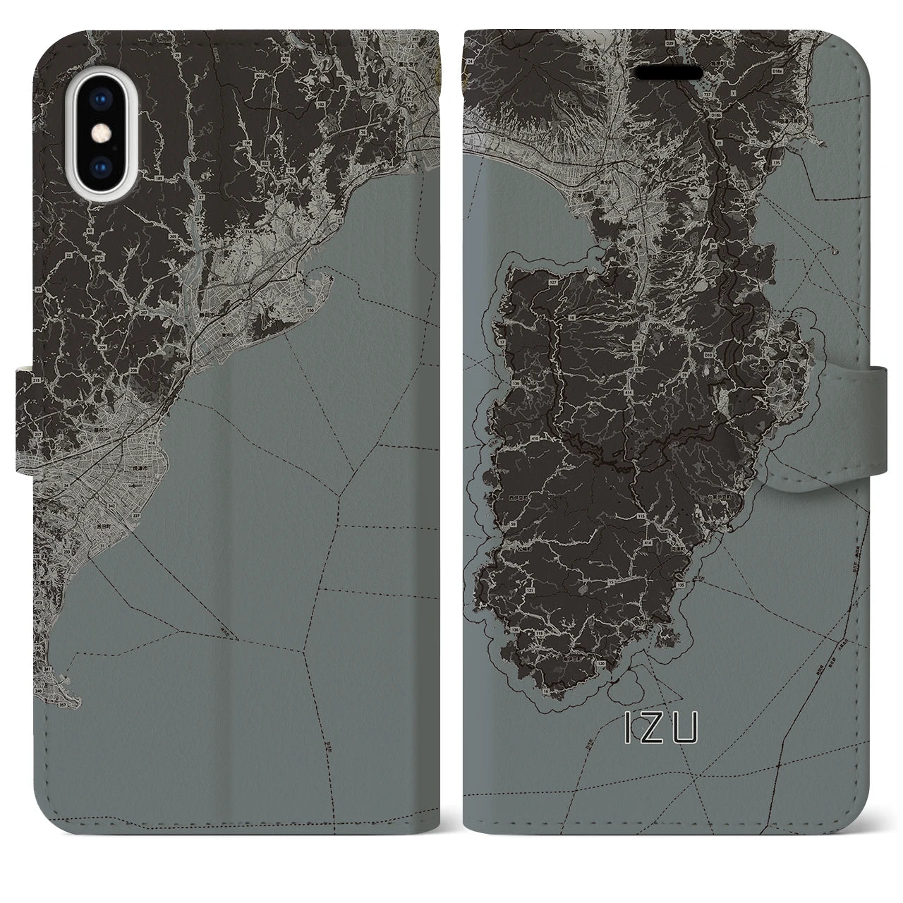 【伊豆2(静岡県)】地図柄iPhoneケース(手帳タイプ)モノトーン・iPhone XS Max 用