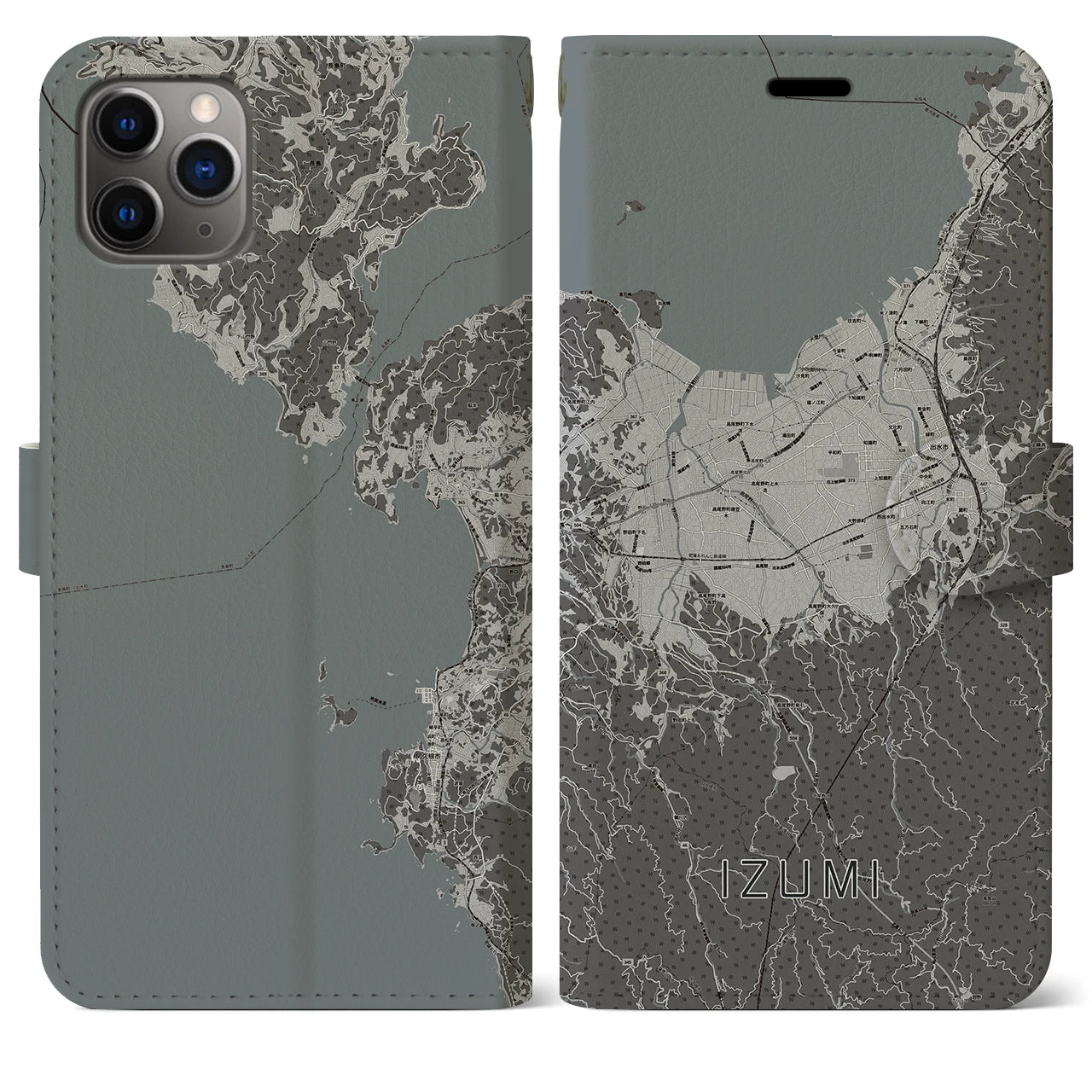 【出水(鹿児島県)】地図柄iPhoneケース(手帳タイプ)モノトーン・iPhone 11 Pro Max 用