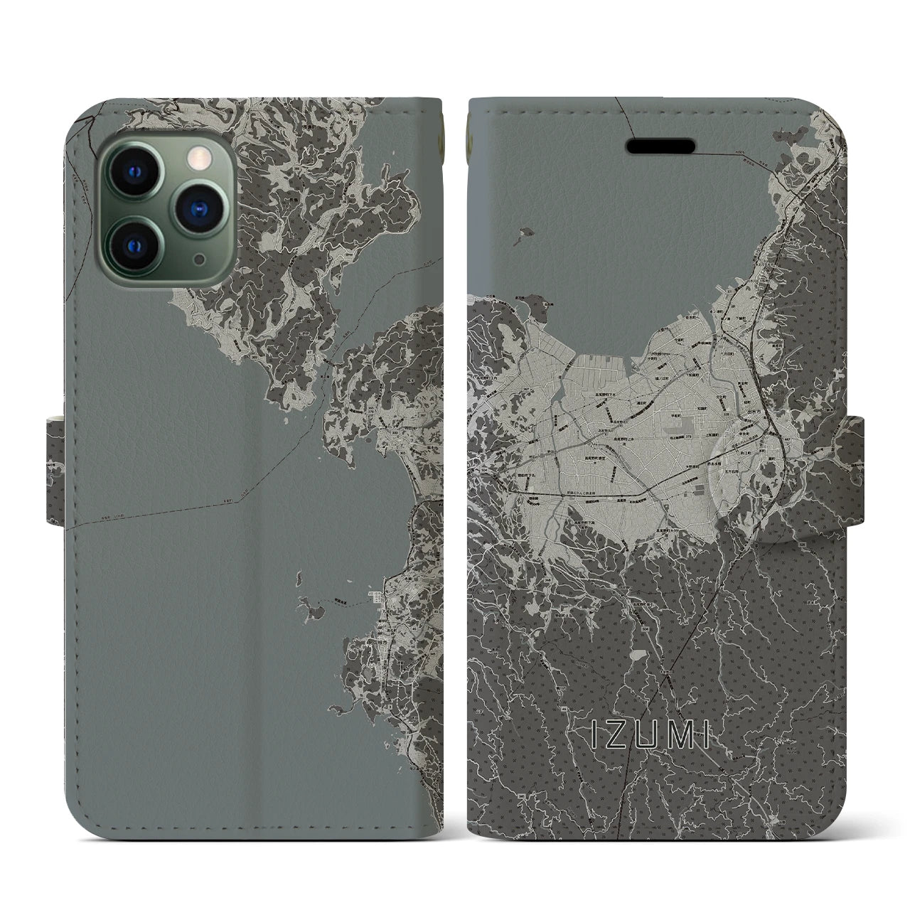 【出水(鹿児島県)】地図柄iPhoneケース(手帳タイプ)モノトーン・iPhone 11 Pro 用