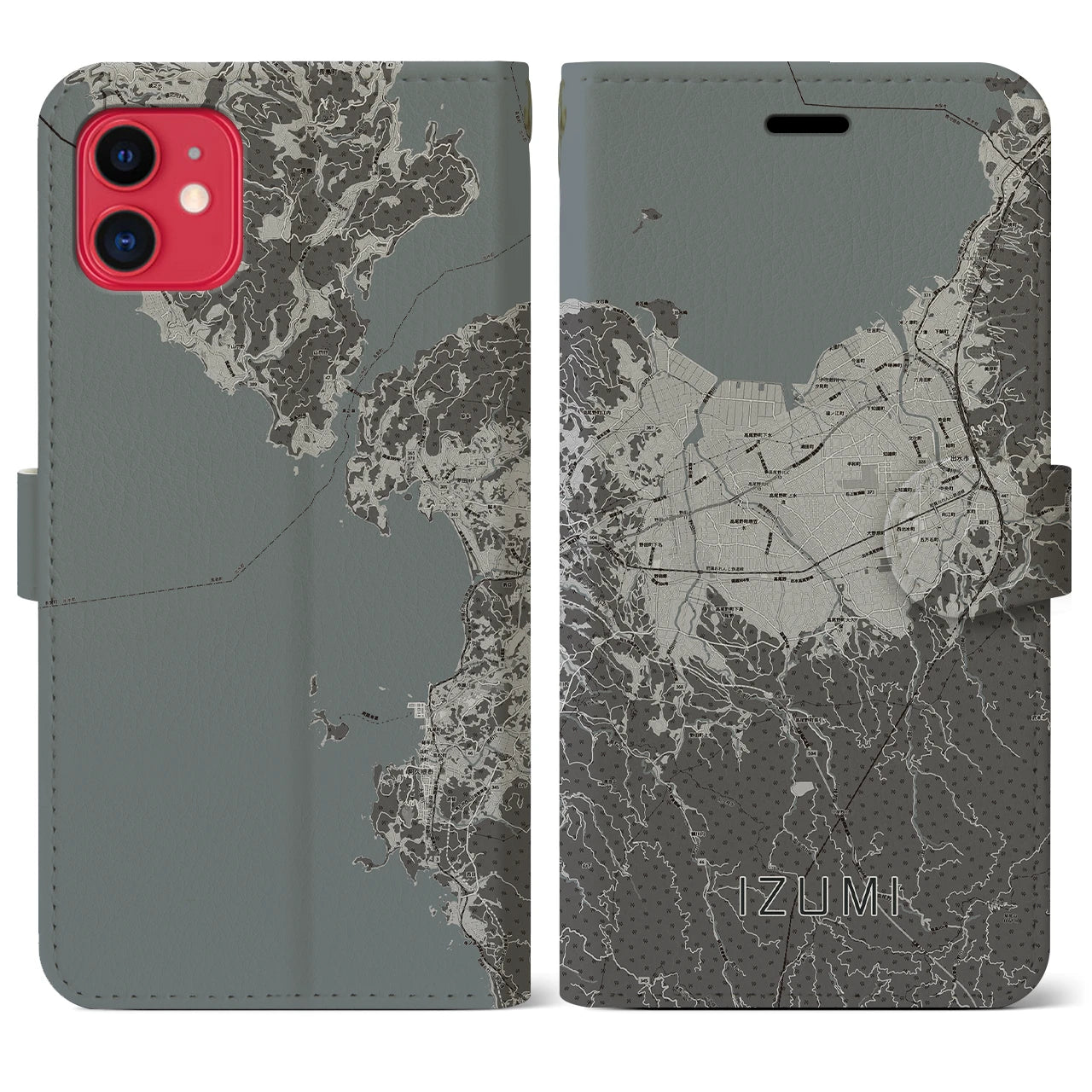 【出水(鹿児島県)】地図柄iPhoneケース(手帳タイプ)モノトーン・iPhone 11 用