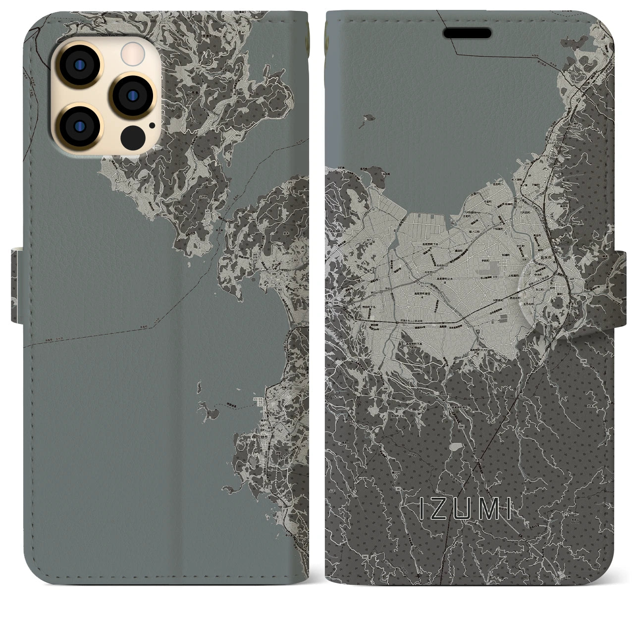 【出水(鹿児島県)】地図柄iPhoneケース(手帳タイプ)モノトーン・iPhone 12 Pro Max 用