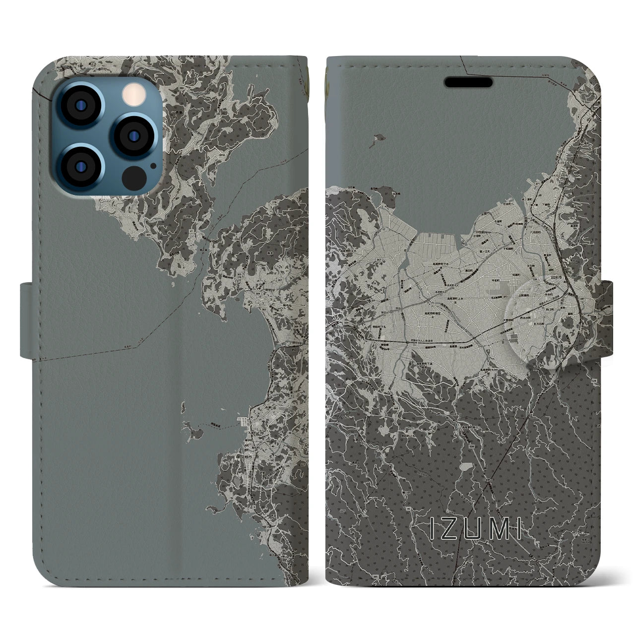 【出水(鹿児島県)】地図柄iPhoneケース(手帳タイプ)モノトーン・iPhone 12 / 12 Pro 用