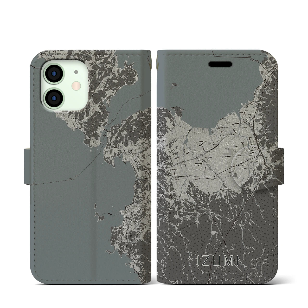 【出水(鹿児島県)】地図柄iPhoneケース(手帳タイプ)モノトーン・iPhone 12 mini 用
