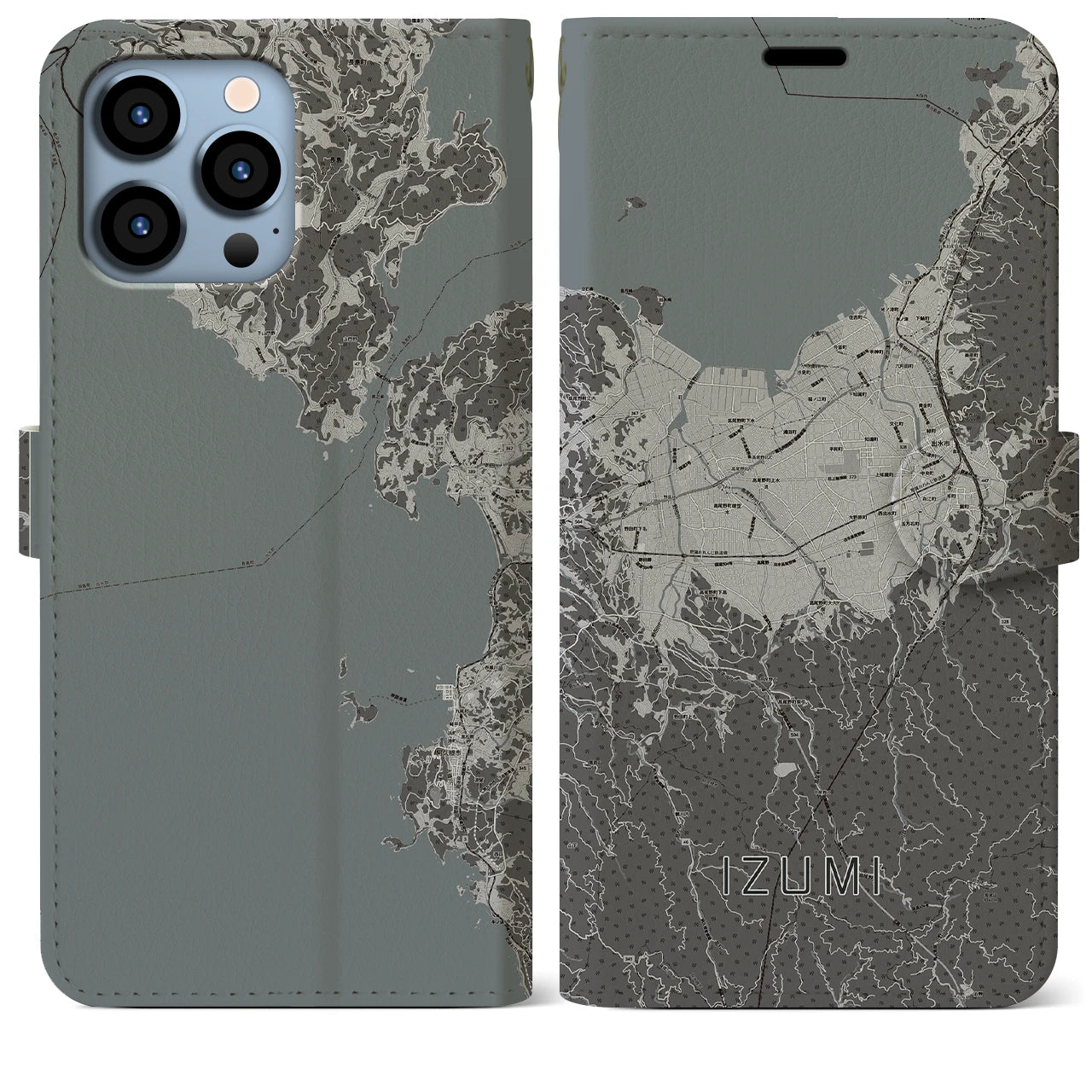 【出水(鹿児島県)】地図柄iPhoneケース(手帳タイプ)モノトーン・iPhone 13 Pro Max 用