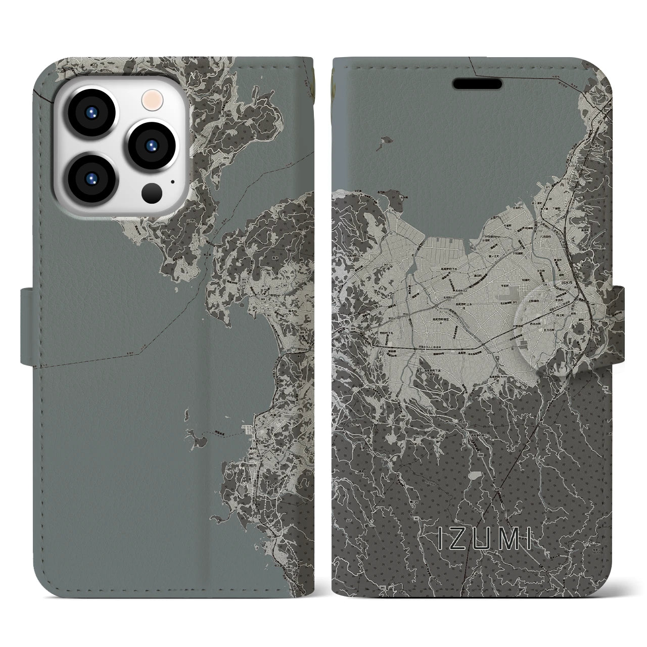 【出水(鹿児島県)】地図柄iPhoneケース(手帳タイプ)モノトーン・iPhone 13 Pro 用