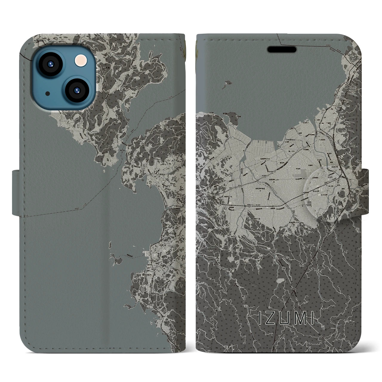 【出水(鹿児島県)】地図柄iPhoneケース(手帳タイプ)モノトーン・iPhone 13 用