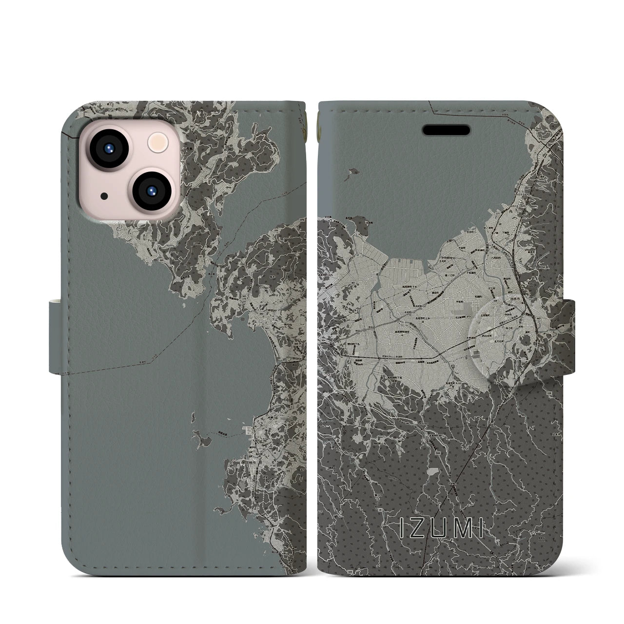 【出水(鹿児島県)】地図柄iPhoneケース(手帳タイプ)モノトーン・iPhone 13 mini 用