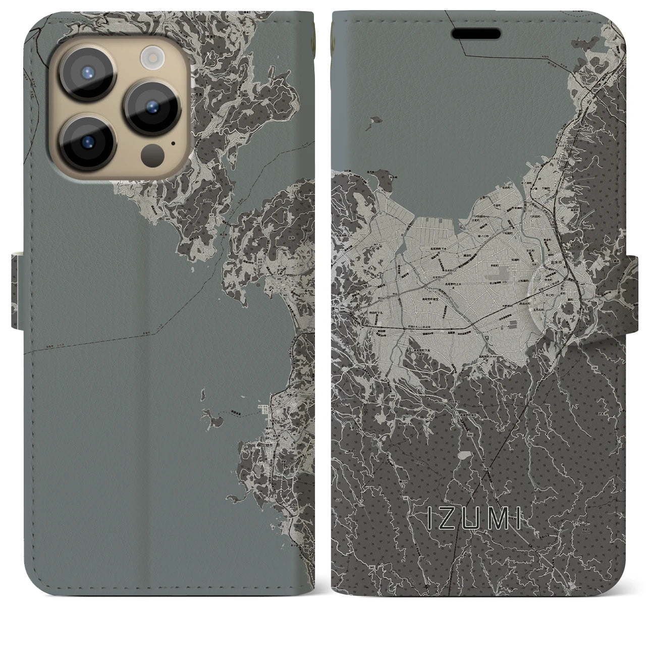 【出水(鹿児島県)】地図柄iPhoneケース(手帳タイプ)モノトーン・iPhone 14 Pro Max 用