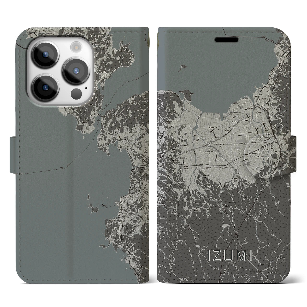 【出水(鹿児島県)】地図柄iPhoneケース(手帳タイプ)モノトーン・iPhone 14 Pro 用
