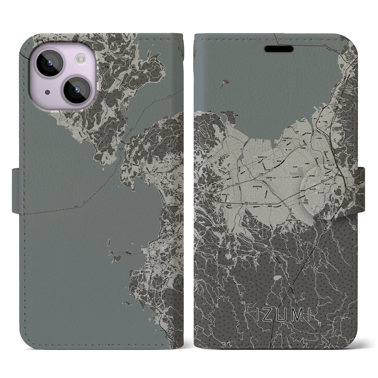 【出水(鹿児島県)】地図柄iPhoneケース(手帳タイプ)モノトーン・iPhone 14 用