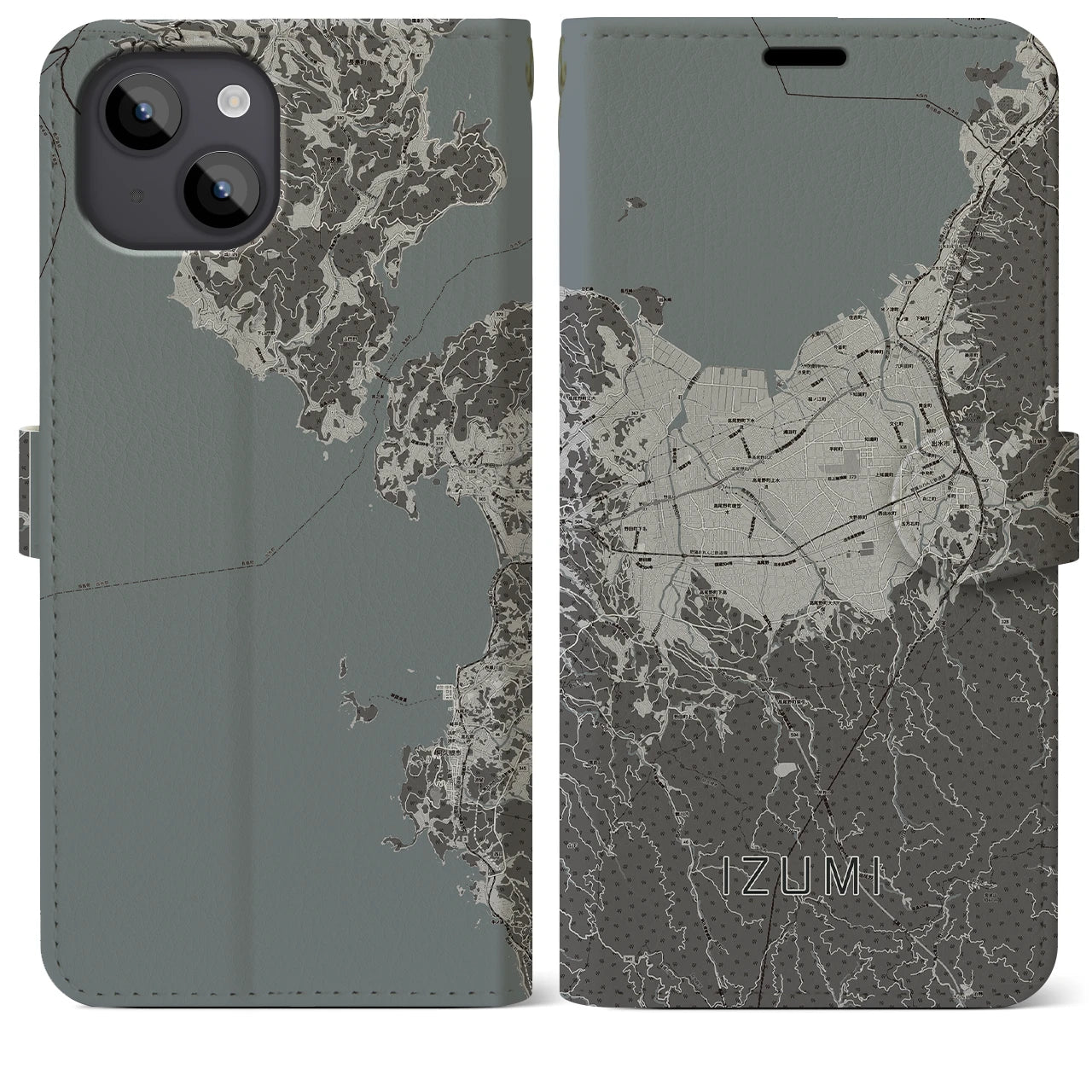 【出水(鹿児島県)】地図柄iPhoneケース(手帳タイプ)モノトーン・iPhone 14 Plus 用