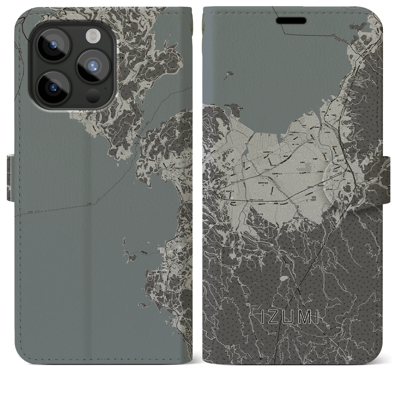 【出水(鹿児島県)】地図柄iPhoneケース(手帳タイプ)モノトーン・iPhone 15 Pro Max 用
