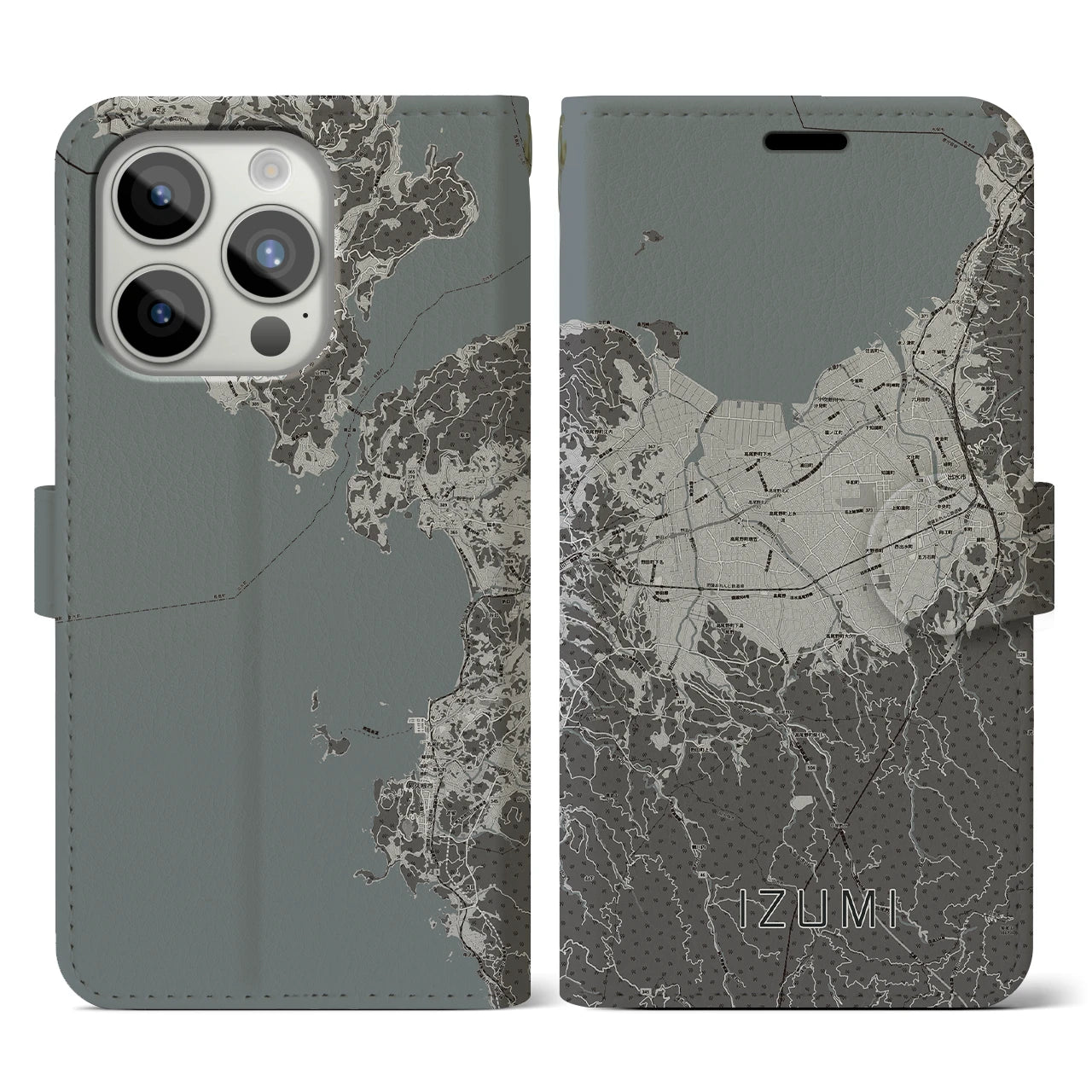【出水(鹿児島県)】地図柄iPhoneケース(手帳タイプ)モノトーン・iPhone 15 Pro 用
