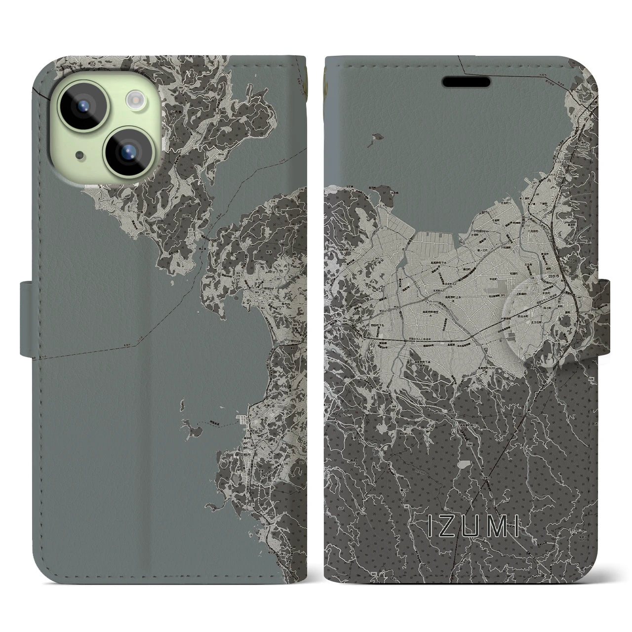 【出水(鹿児島県)】地図柄iPhoneケース(手帳タイプ)モノトーン・iPhone 15 用