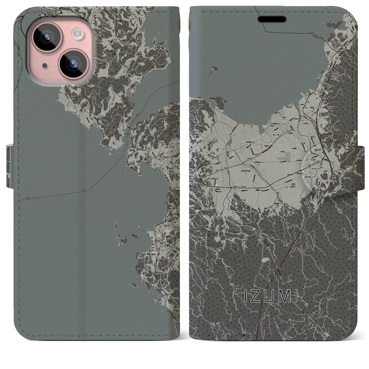 【出水(鹿児島県)】地図柄iPhoneケース(手帳タイプ)モノトーン・iPhone 15 Plus 用