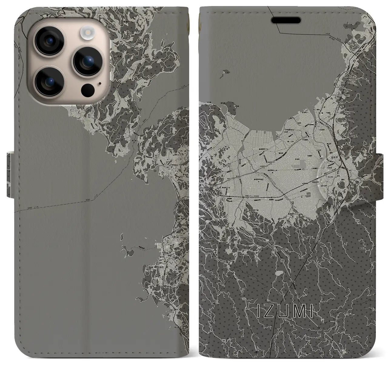【出水(鹿児島県)】地図柄iPhoneケース(手帳タイプ)モノトーン・iPhone 16 Plus 用