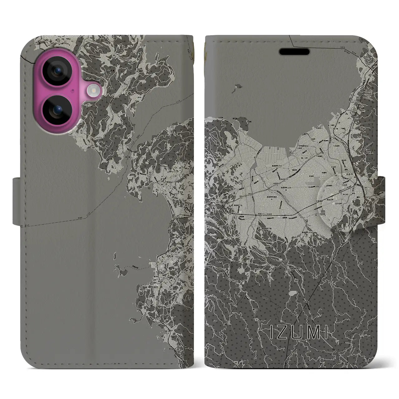 【出水(鹿児島県)】地図柄iPhoneケース(手帳タイプ)モノトーン・iPhone 16 Pro 用