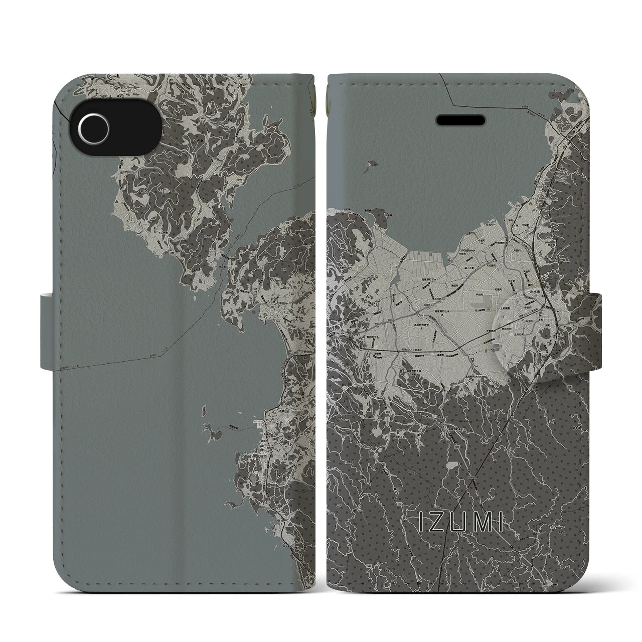 【出水(鹿児島県)】地図柄iPhoneケース(手帳タイプ)モノトーン・iPhone SE(第3 / 第2世代) / 8 / 7 / 6s / 6 用