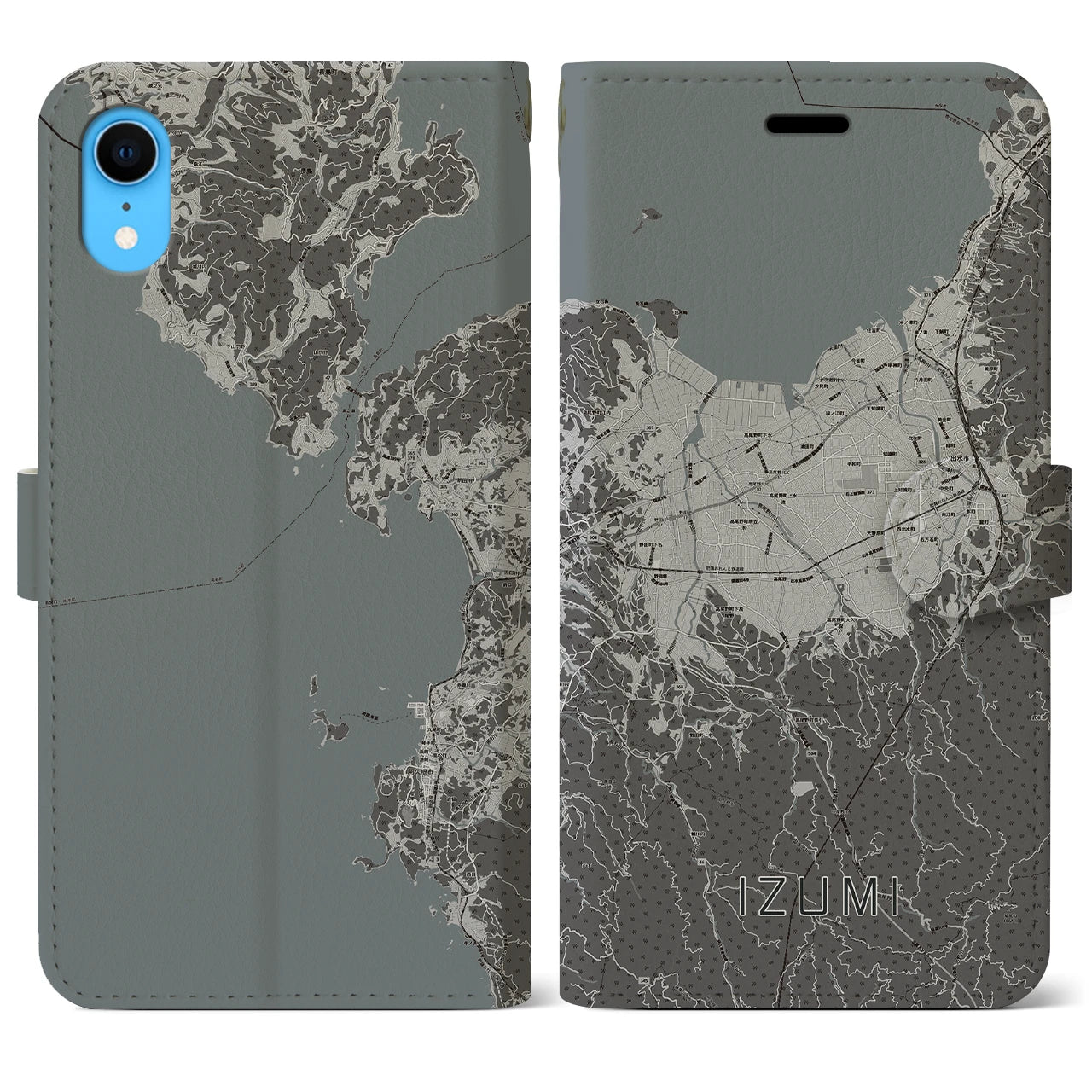 【出水(鹿児島県)】地図柄iPhoneケース(手帳タイプ)モノトーン・iPhone XR 用