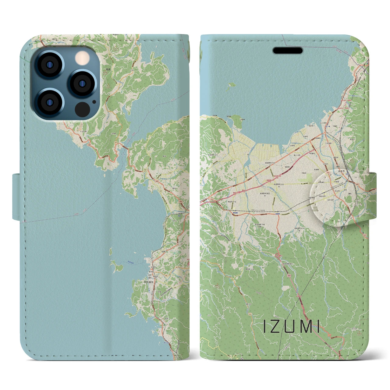 【出水(鹿児島県)】地図柄iPhoneケース(手帳タイプ)ナチュラル・iPhone 12 / 12 Pro 用