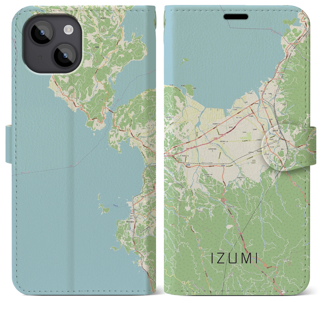 【出水(鹿児島県)】地図柄iPhoneケース(手帳タイプ)ナチュラル・iPhone 14 Plus 用