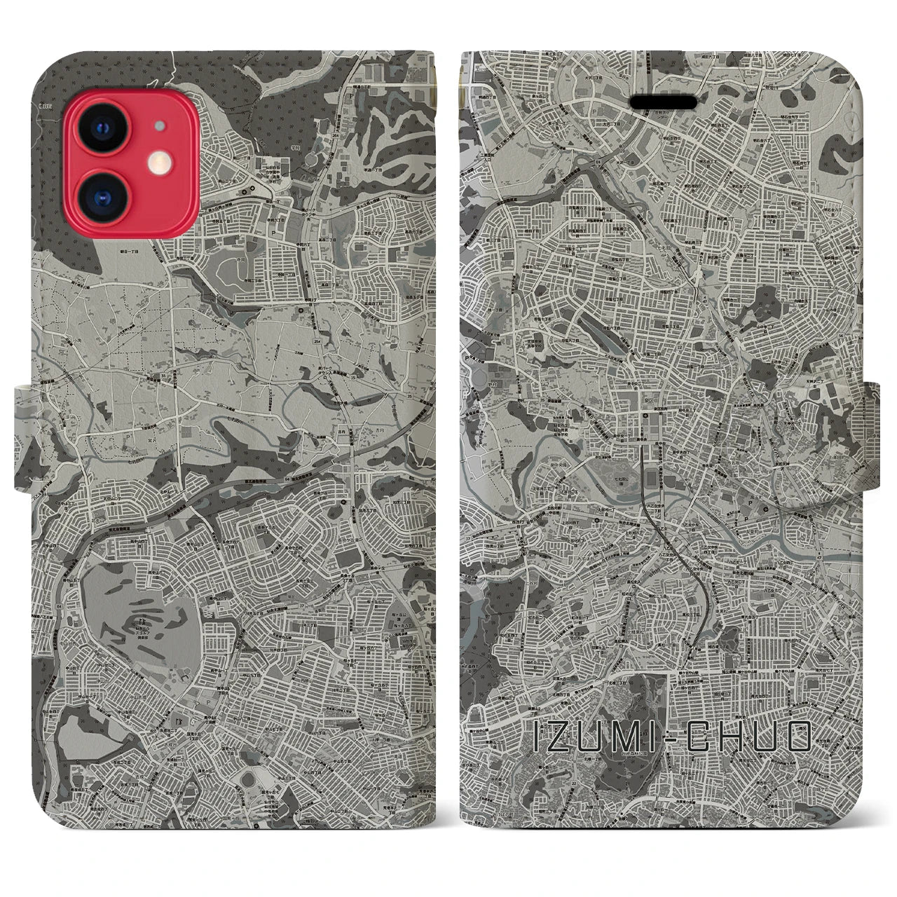 【泉中央(宮城県)】地図柄iPhoneケース(手帳タイプ)モノトーン・iPhone 11 用