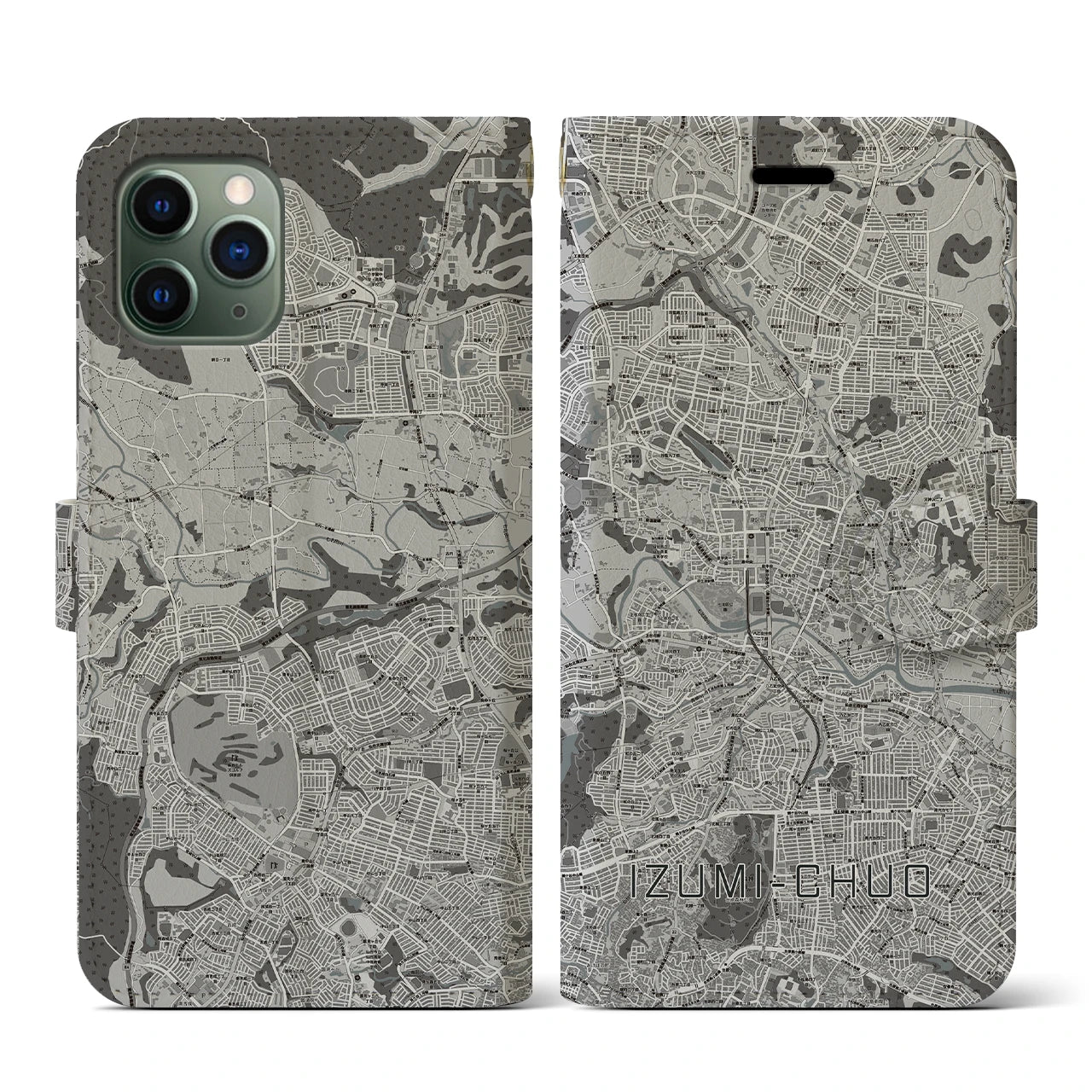 【泉中央(宮城県)】地図柄iPhoneケース(手帳タイプ)モノトーン・iPhone 11 Pro 用