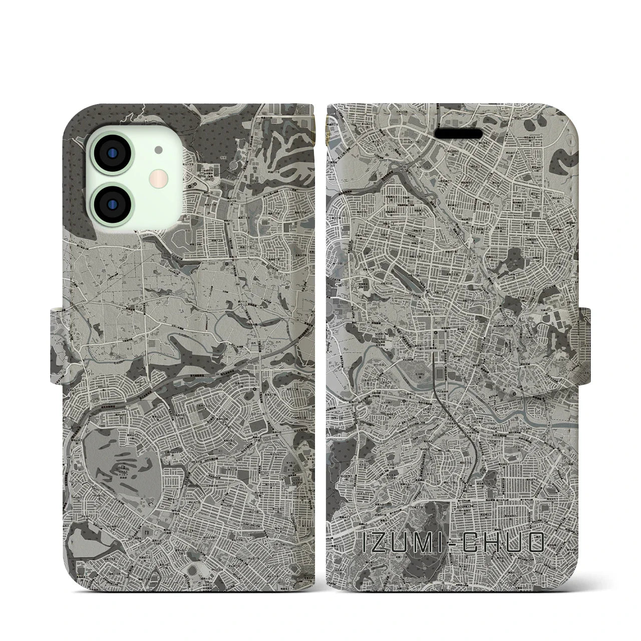 【泉中央(宮城県)】地図柄iPhoneケース(手帳タイプ)モノトーン・iPhone 12 mini 用