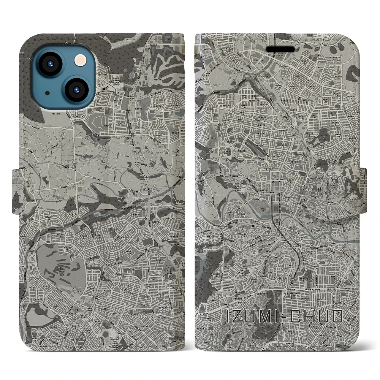 【泉中央(宮城県)】地図柄iPhoneケース(手帳タイプ)モノトーン・iPhone 13 用