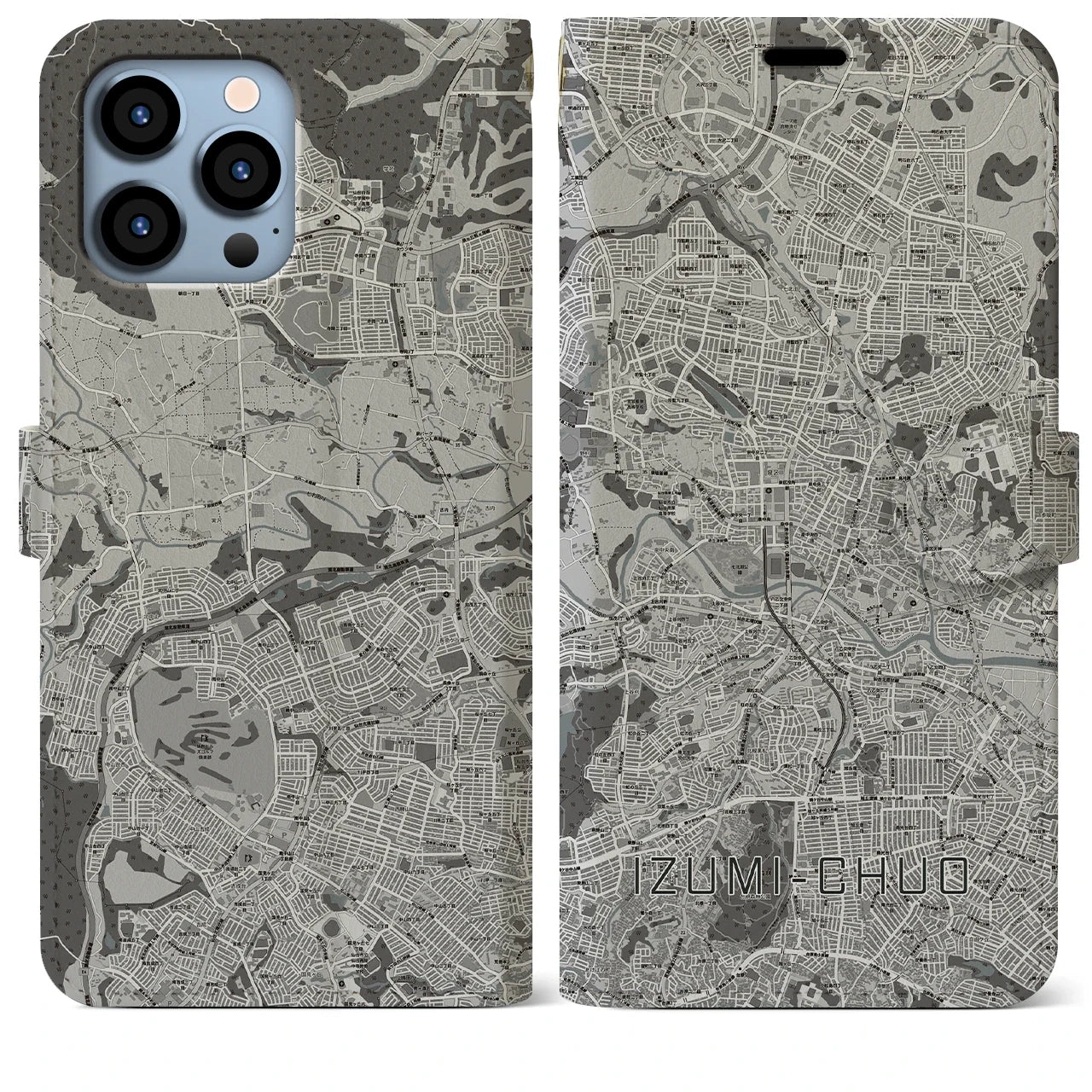 【泉中央(宮城県)】地図柄iPhoneケース(手帳タイプ)モノトーン・iPhone 13 Pro Max 用