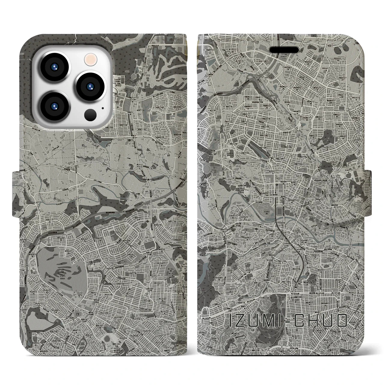 【泉中央(宮城県)】地図柄iPhoneケース(手帳タイプ)モノトーン・iPhone 13 Pro 用