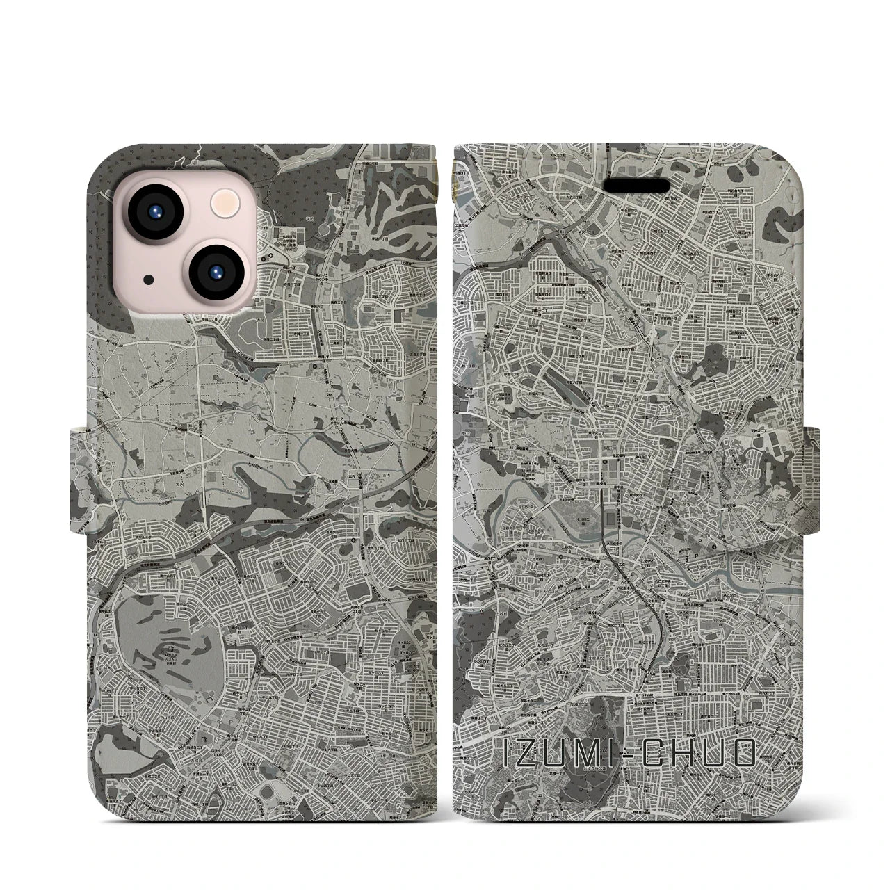【泉中央(宮城県)】地図柄iPhoneケース(手帳タイプ)モノトーン・iPhone 13 mini 用