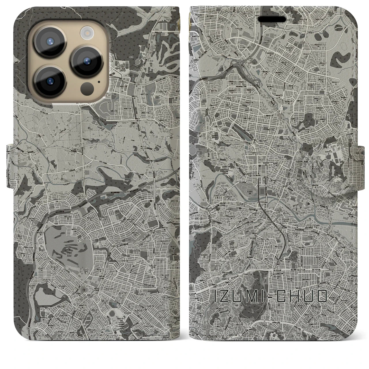 【泉中央(宮城県)】地図柄iPhoneケース(手帳タイプ)モノトーン・iPhone 14 Pro Max 用