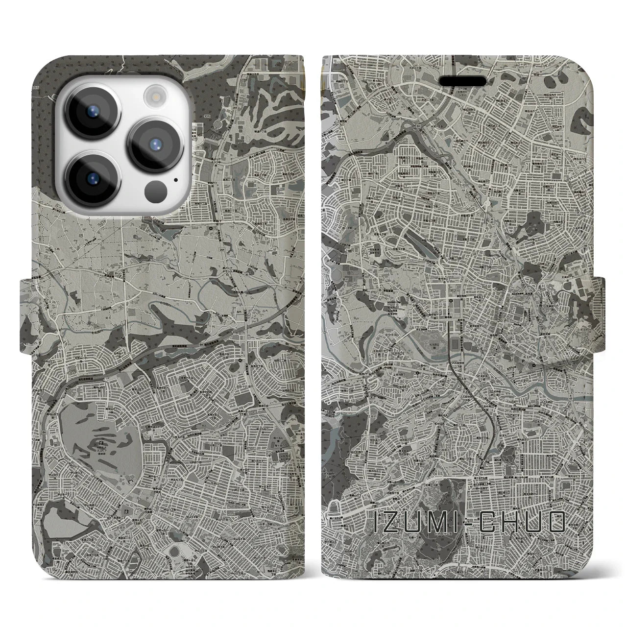 【泉中央(宮城県)】地図柄iPhoneケース(手帳タイプ)モノトーン・iPhone 14 Pro 用