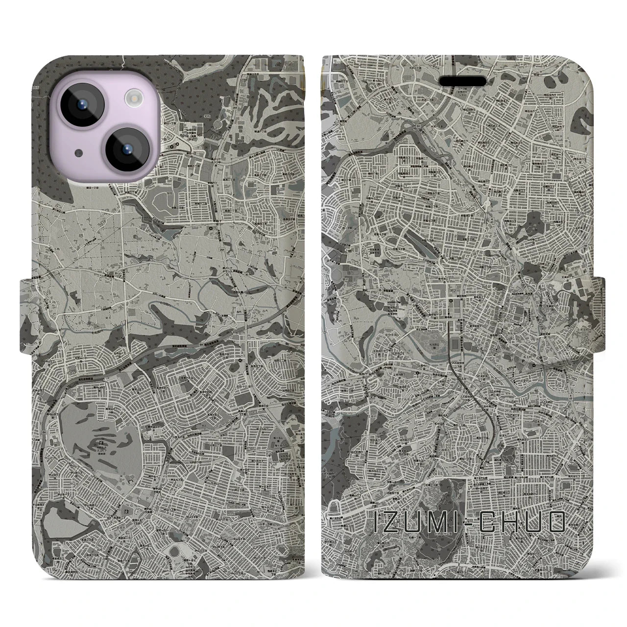 【泉中央(宮城県)】地図柄iPhoneケース(手帳タイプ)モノトーン・iPhone 14 用
