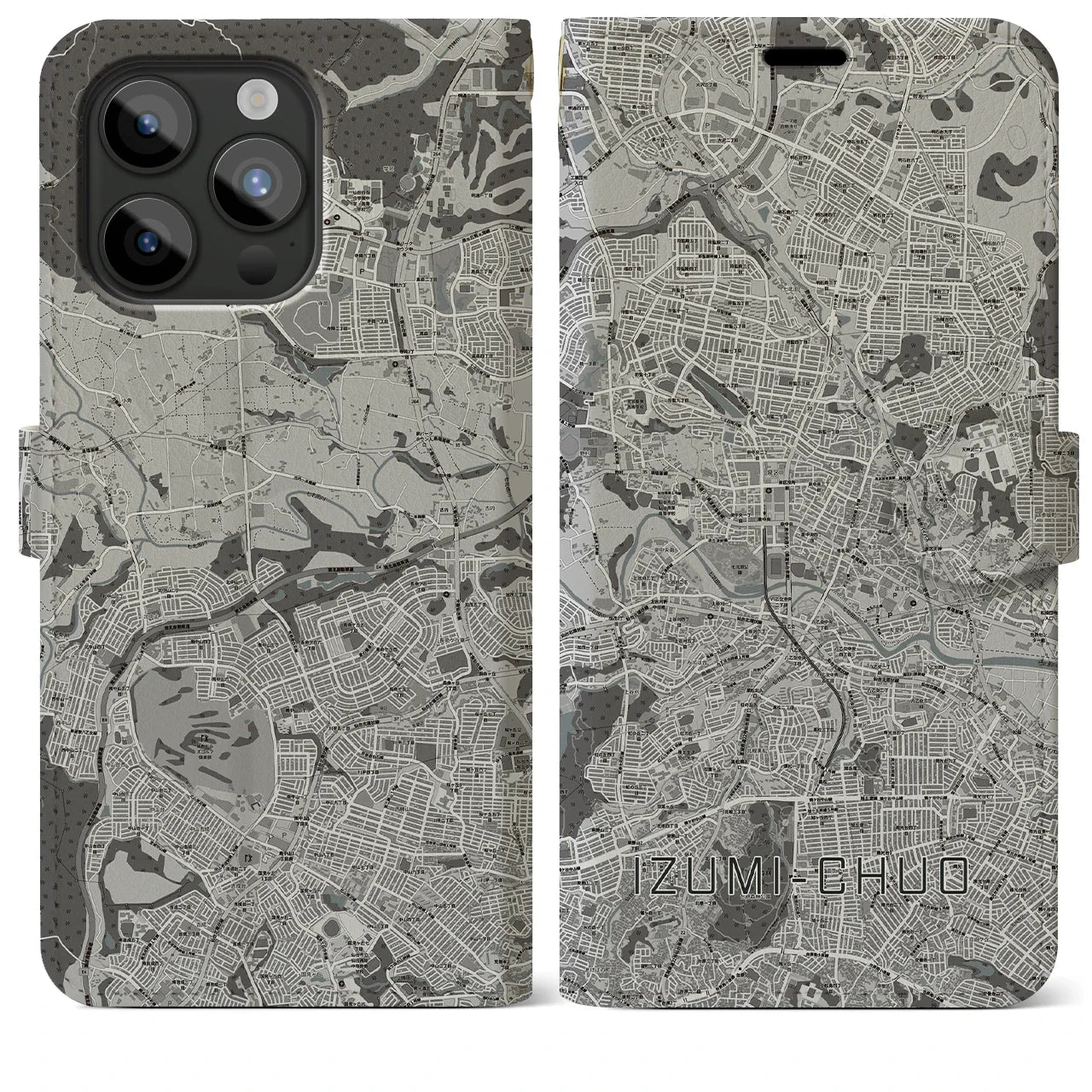【泉中央(宮城県)】地図柄iPhoneケース(手帳タイプ)モノトーン・iPhone 15 Pro Max 用
