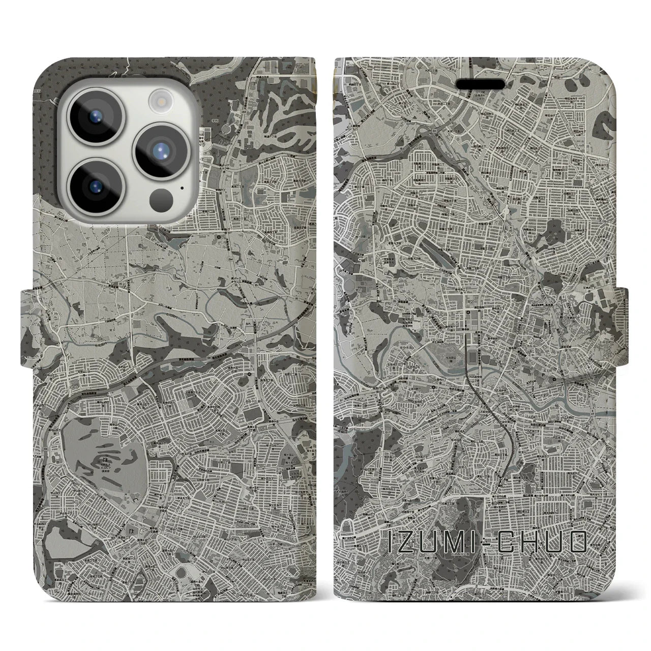 【泉中央(宮城県)】地図柄iPhoneケース(手帳タイプ)モノトーン・iPhone 15 Pro 用