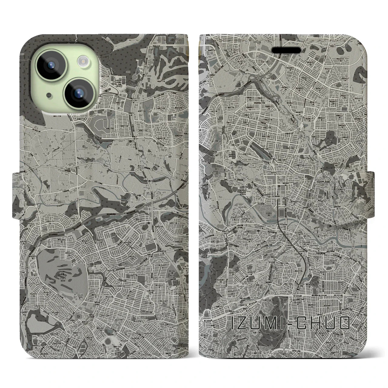 【泉中央(宮城県)】地図柄iPhoneケース(手帳タイプ)モノトーン・iPhone 15 用