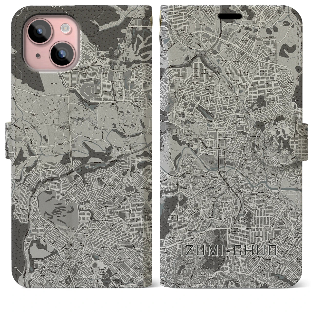 【泉中央(宮城県)】地図柄iPhoneケース(手帳タイプ)モノトーン・iPhone 15 Plus 用
