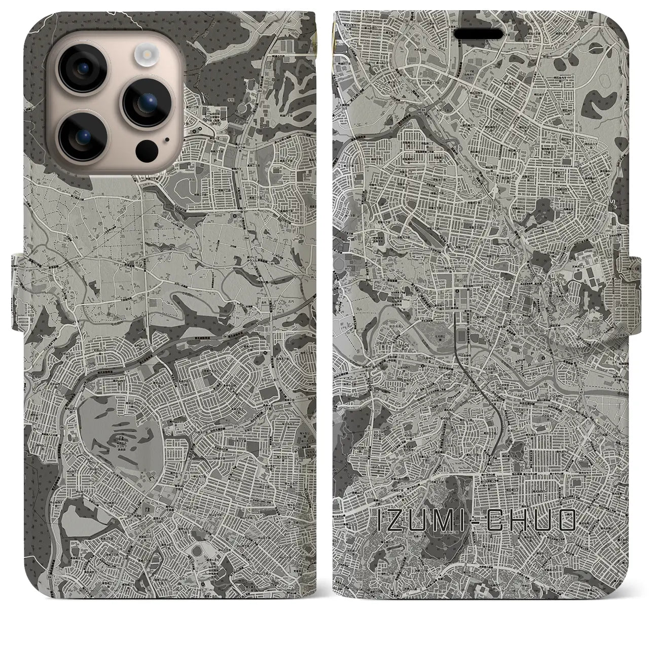 【泉中央(宮城県)】地図柄iPhoneケース(手帳タイプ)モノトーン・iPhone 16 Plus 用