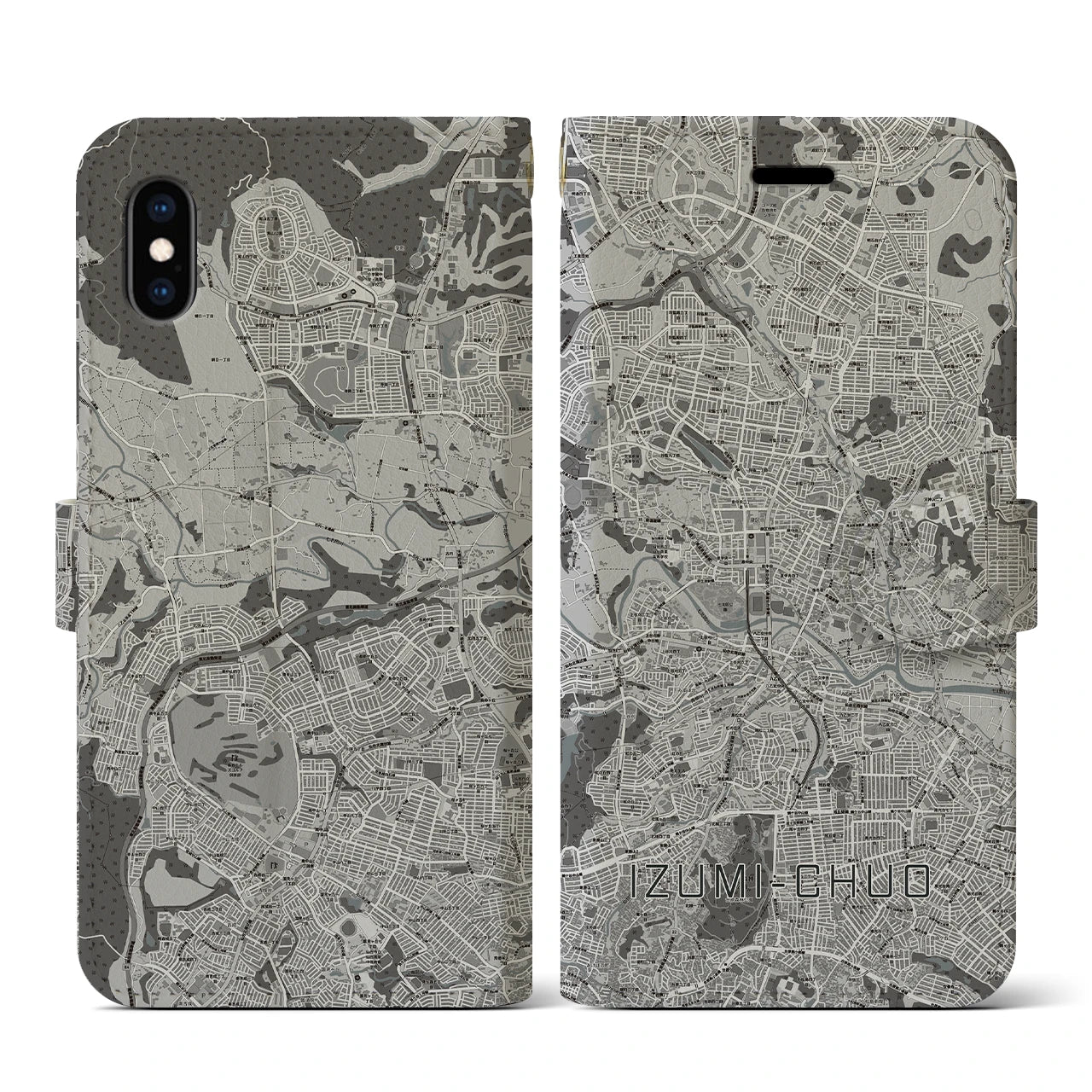 【泉中央(宮城県)】地図柄iPhoneケース(手帳タイプ)モノトーン・iPhone XS / X 用