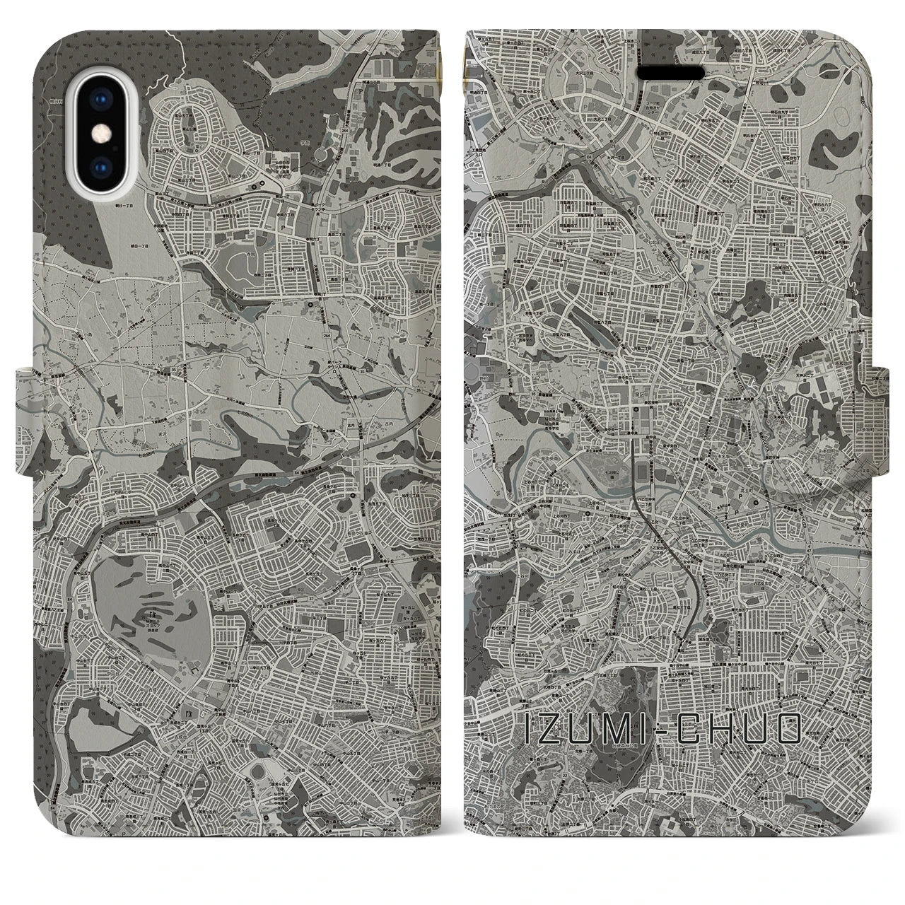 【泉中央(宮城県)】地図柄iPhoneケース(手帳タイプ)モノトーン・iPhone XS Max 用