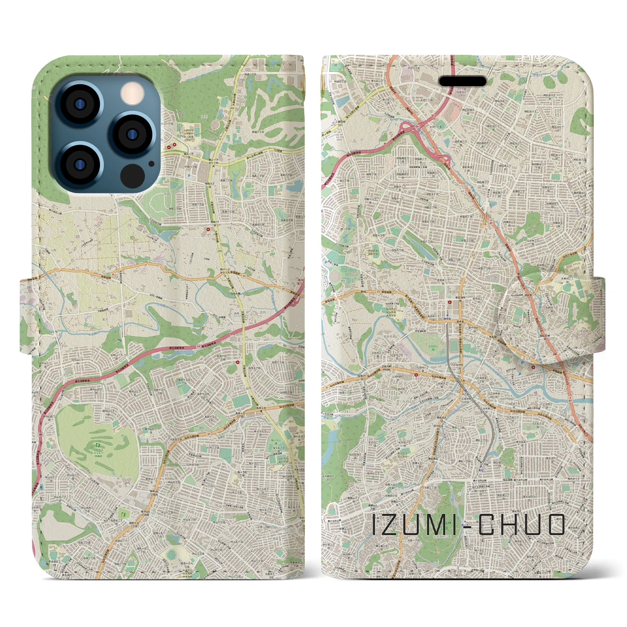 【泉中央(宮城県)】地図柄iPhoneケース(手帳タイプ)ナチュラル・iPhone 12 / 12 Pro 用
