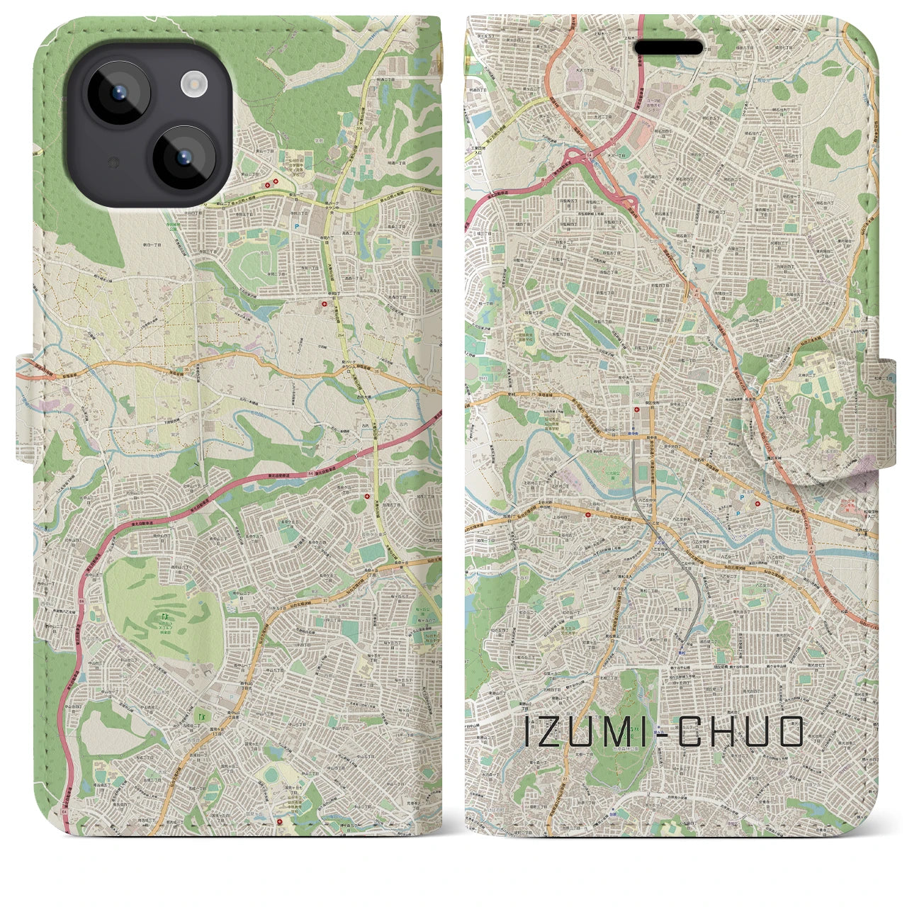 【泉中央(宮城県)】地図柄iPhoneケース(手帳タイプ)ナチュラル・iPhone 14 Plus 用