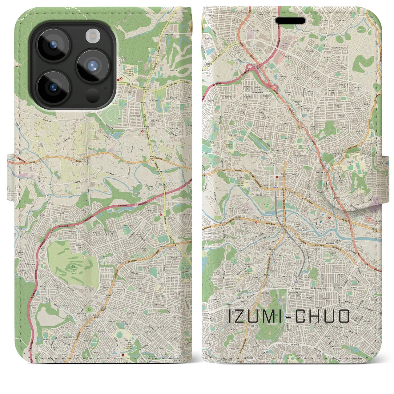 【泉中央(宮城県)】地図柄iPhoneケース(手帳タイプ)ナチュラル・iPhone 15 Pro Max 用