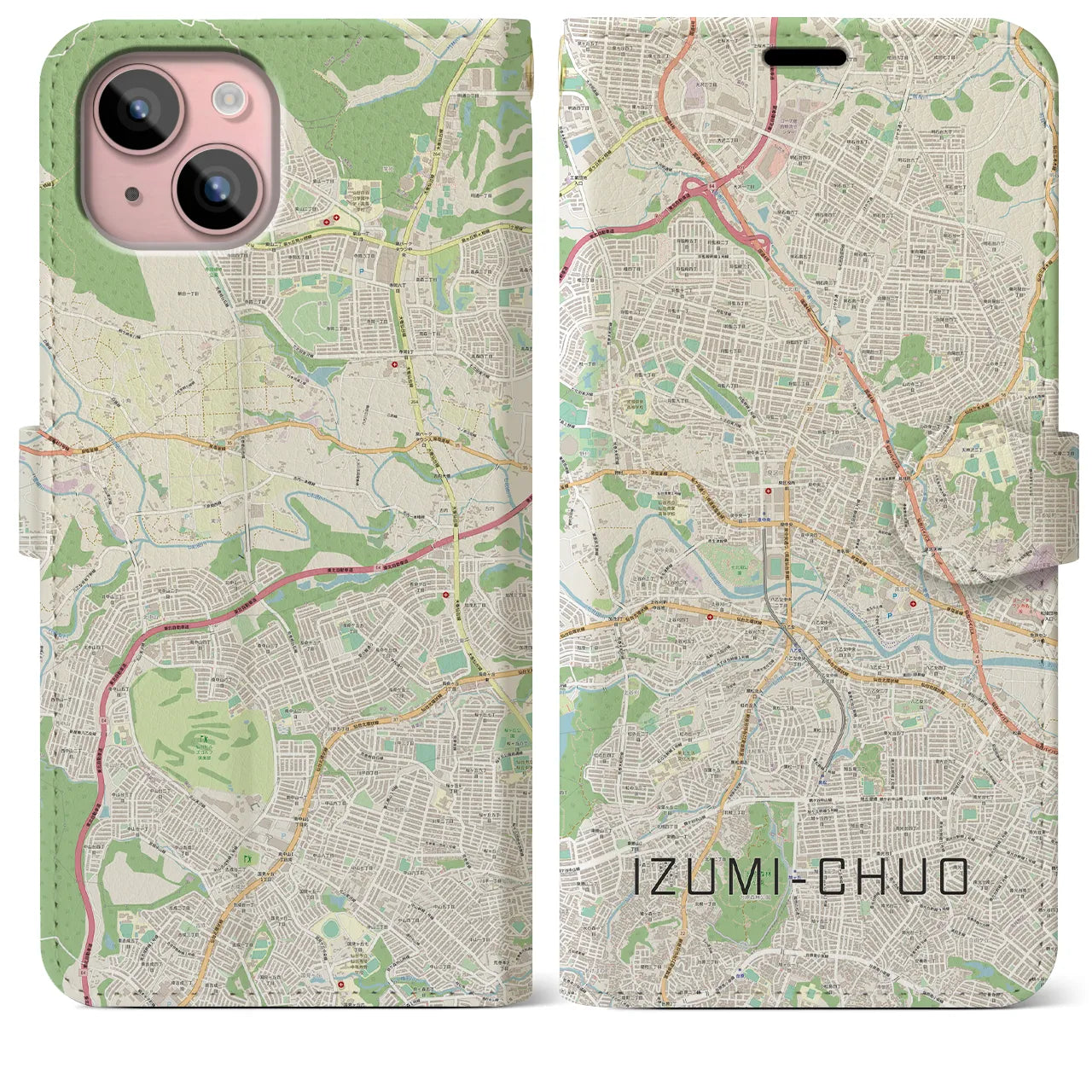 【泉中央(宮城県)】地図柄iPhoneケース(手帳タイプ)ナチュラル・iPhone 15 Plus 用