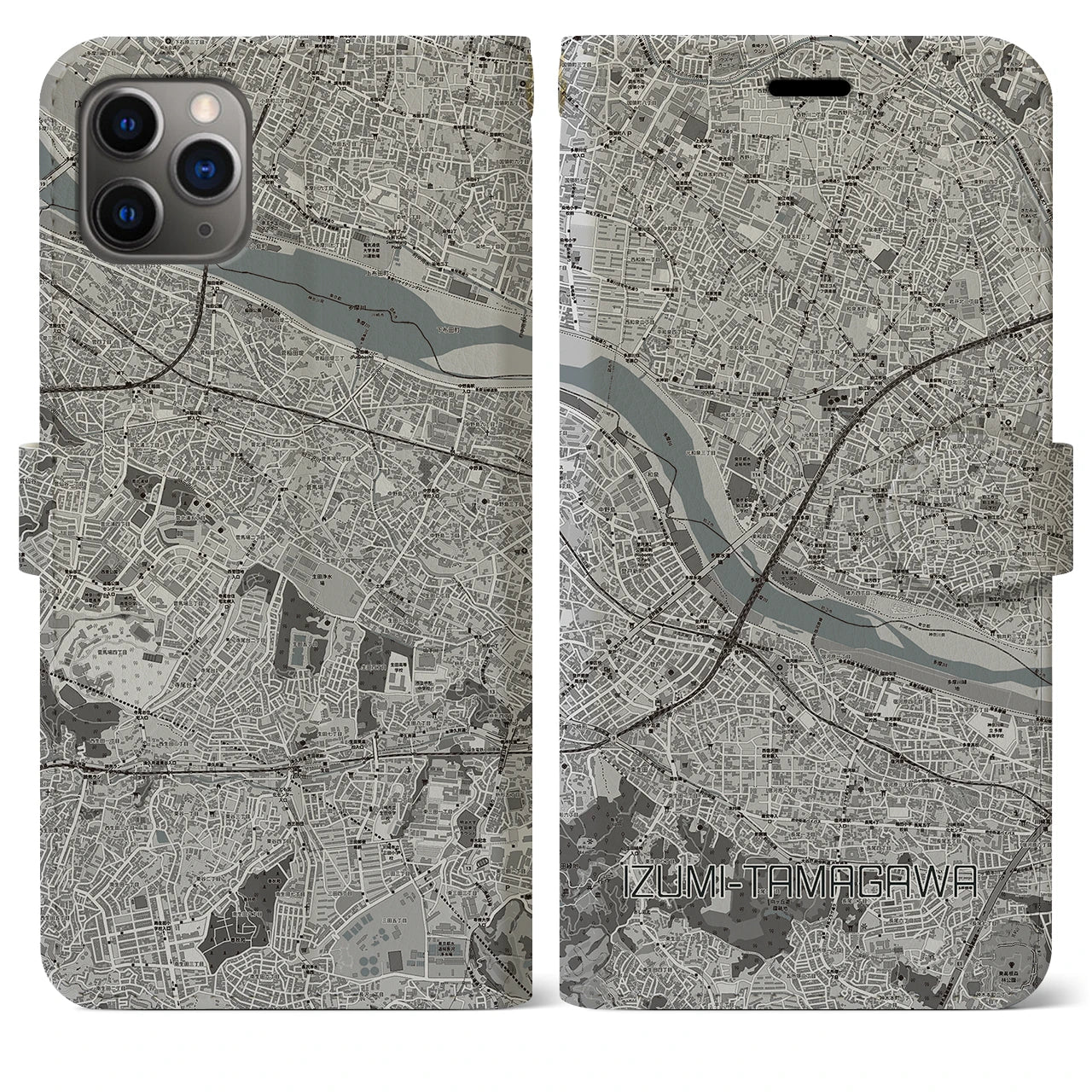【和泉多摩川(東京都)】地図柄iPhoneケース(手帳タイプ)モノトーン・iPhone 11 Pro Max 用